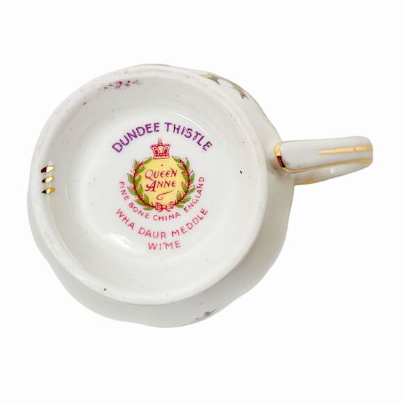 Bone China Mini Creamer Queen Anne Dundee Thistle Gold Trim Scalloped Edge 4 oz - Picture 5 of 11